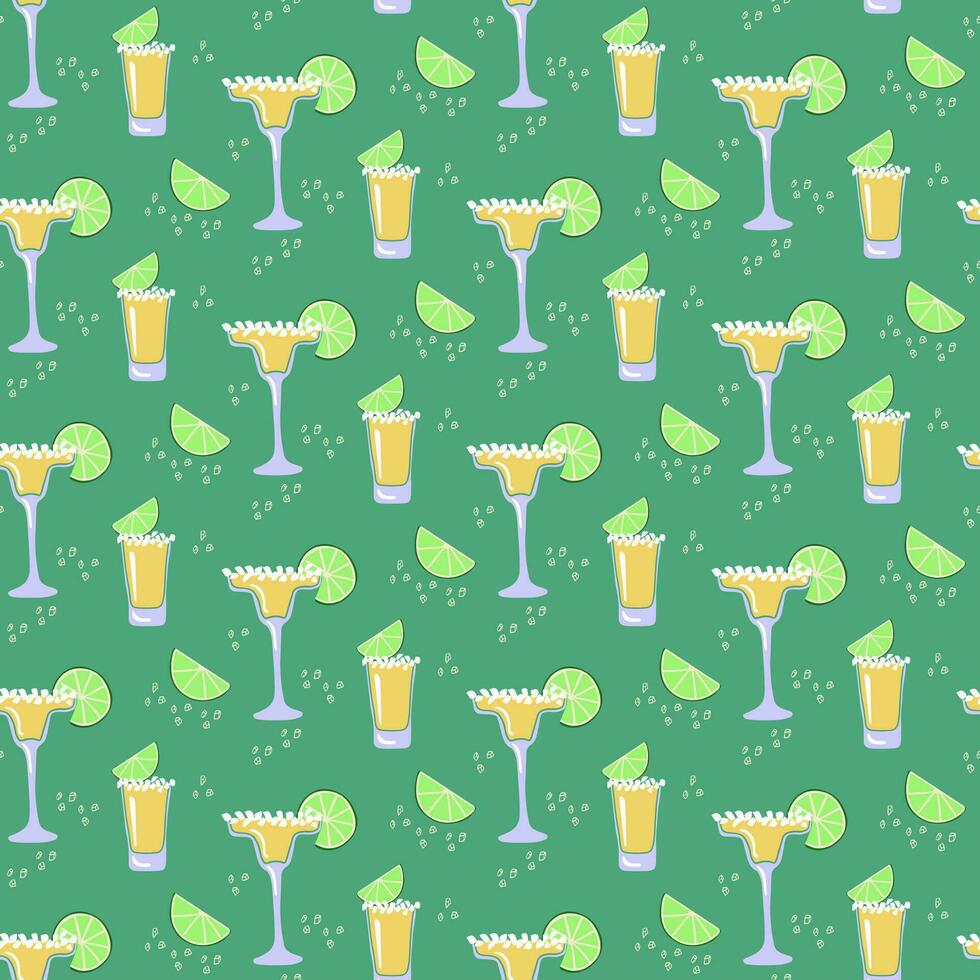 Flat minimalistic tequila cocktails pattern. Two types of tequila cocktails with lime and salt. Cut out elements on green background. Ideal for decoration, textile, wrapping, background, home decor vector
