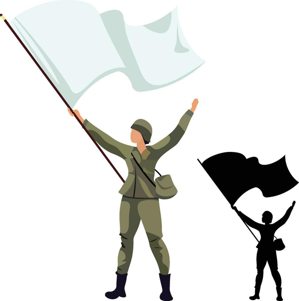 soldado ondulación un blanco bandera retratar Rendición vector ilustración, Ejército hombre ondulación un blanco bandera y gesticulando durante guerra vector imagen