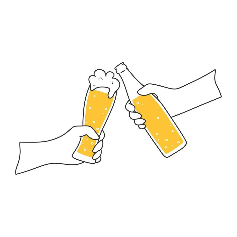 Glass of beer in hand. Bottle of beer in hand. Vector illustration. Oktoberfest celebration in doodle style.