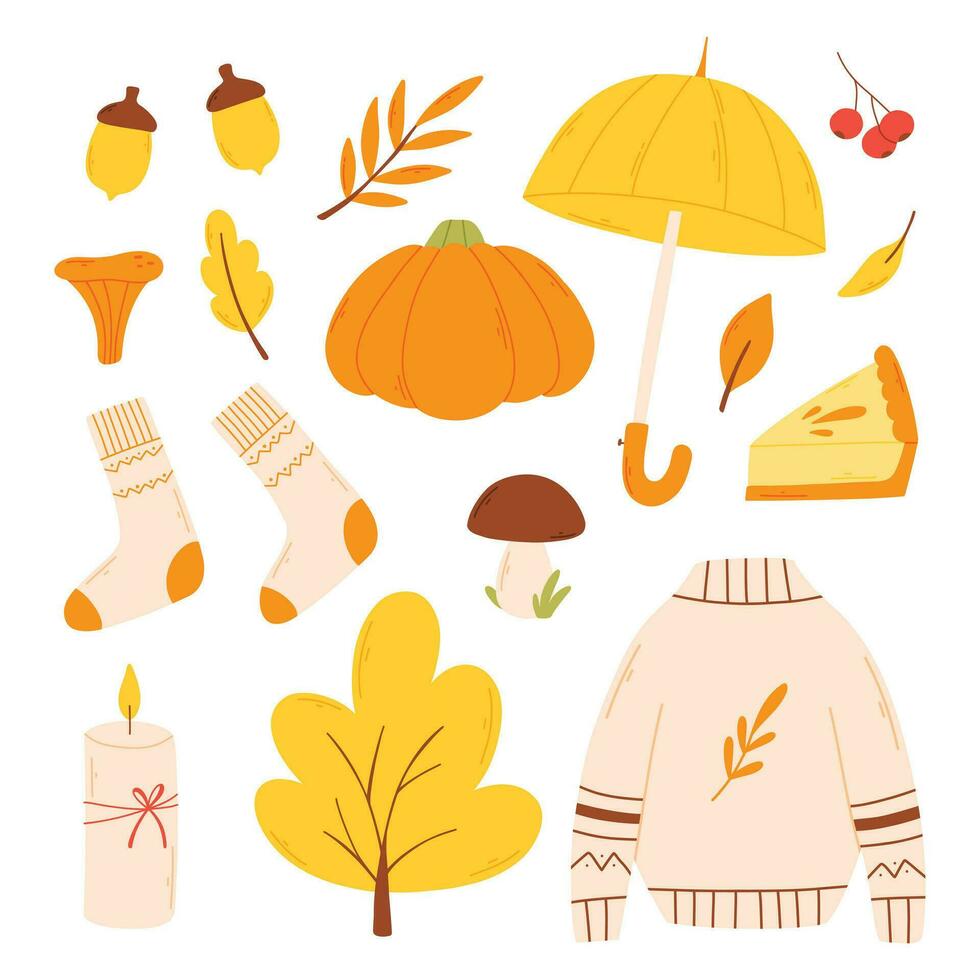 Set of autumn elements in a flat style. Hand drawn hello autumn collection. Vector illustration.
