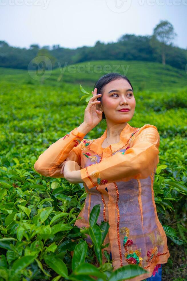 a Javanese woman on vacation in a tea garden wearing a yellow dress photo