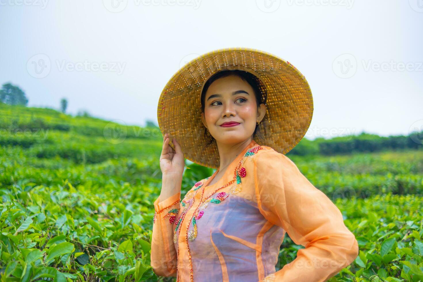 a Javanese woman is looking after her tea garden when she wears an orange dress photo