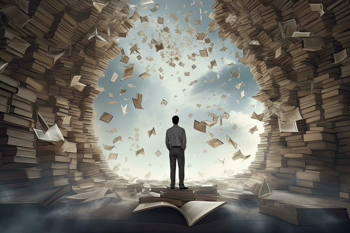 Back view of businessman standing on opened book and looking at flying books. Education concept, A man standing on an open book. floating pieces of the book above him. dyslexia concept, AI Generated photo