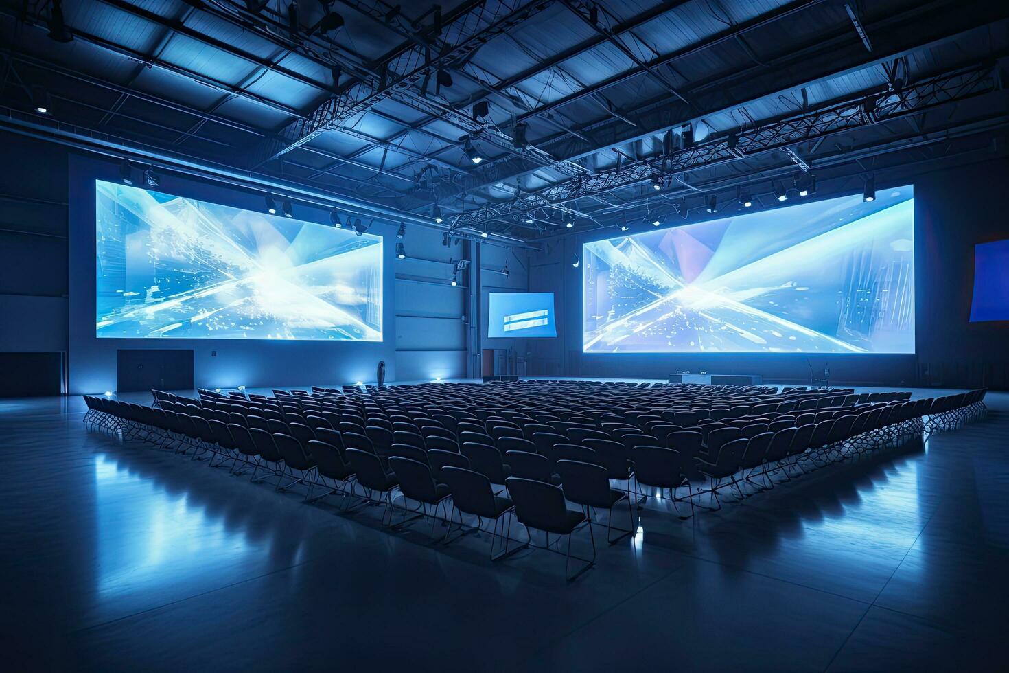 concierto salón con filas de asientos y brillante pantallas en azul tonos, un moderno formación salón con sillas frente a un gigante etapa con uno grande pantalla mostrando, ai generado foto