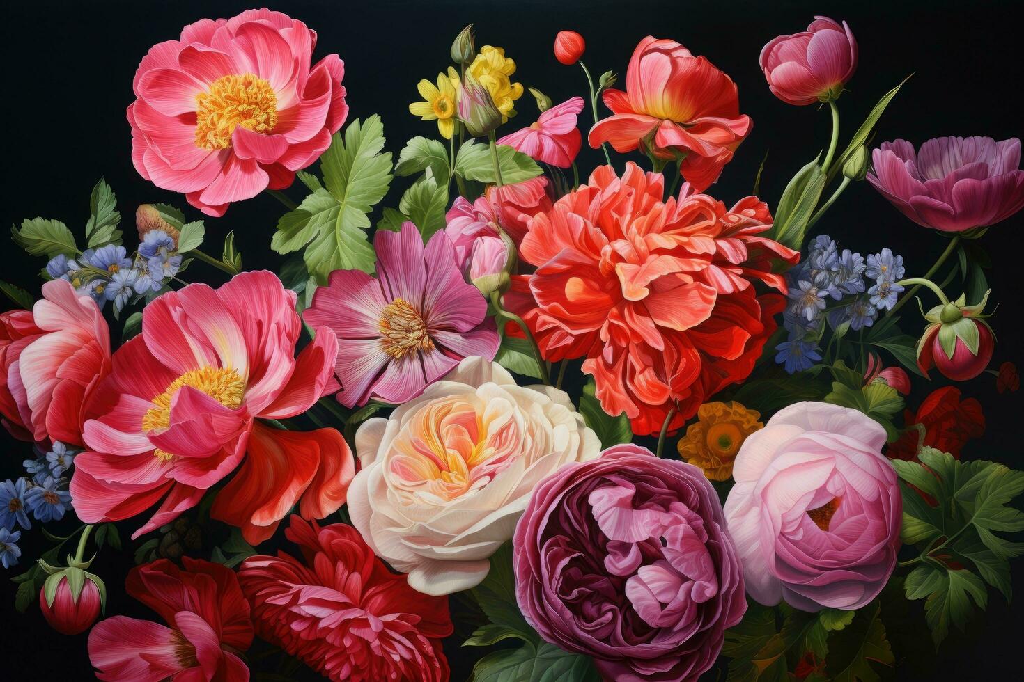 vistoso ramo de flores de flores en negro fondo, de cerca, un pintura de un ramo de flores de flores, creado en el estilo de realismo, ai generado foto