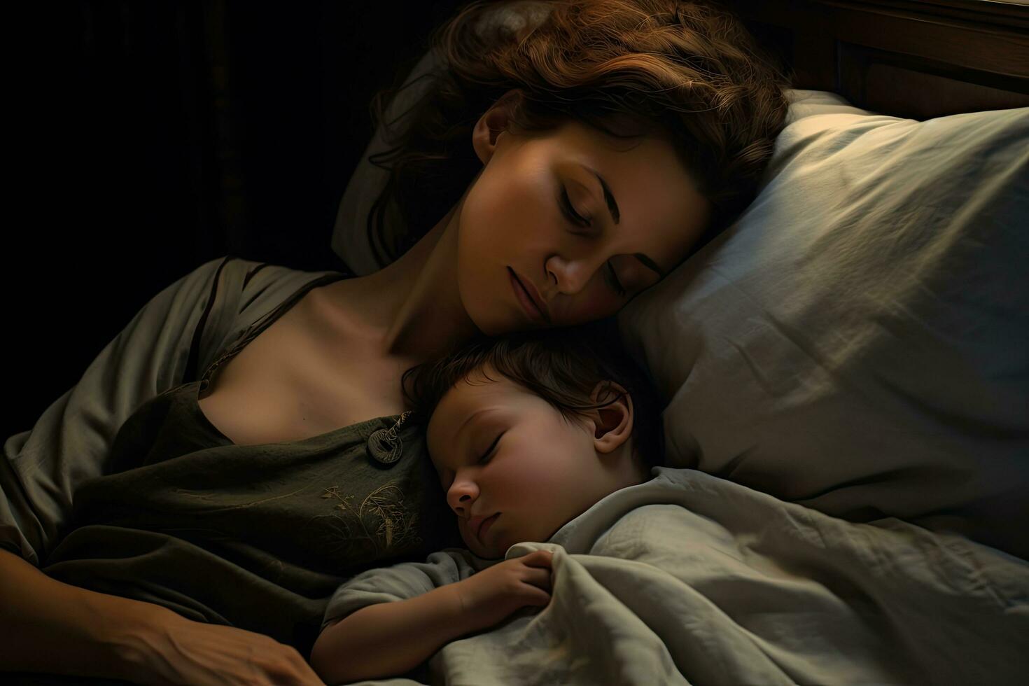 hermosa joven madre y su pequeño hijo dormido en cama a noche, un madre con su bebé hijo tendido en el cama, ai generado foto