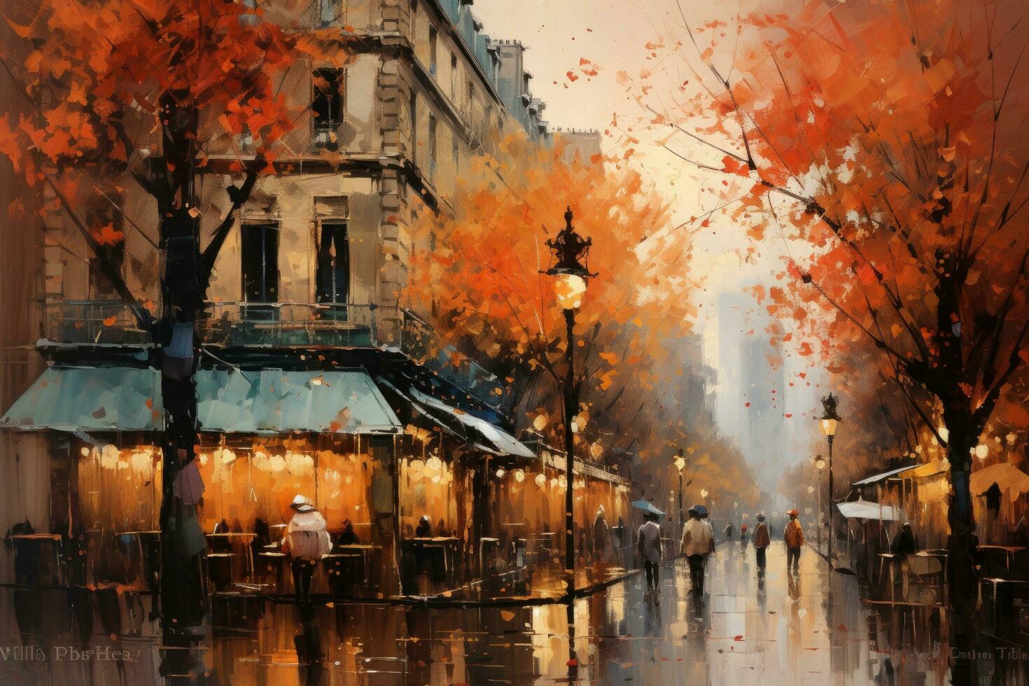 Paris, France. Watercolor painting on canvas of Parisian street view, A painting of a Paris street in autumn with a man walking under the trees and lanterns, AI Generated photo