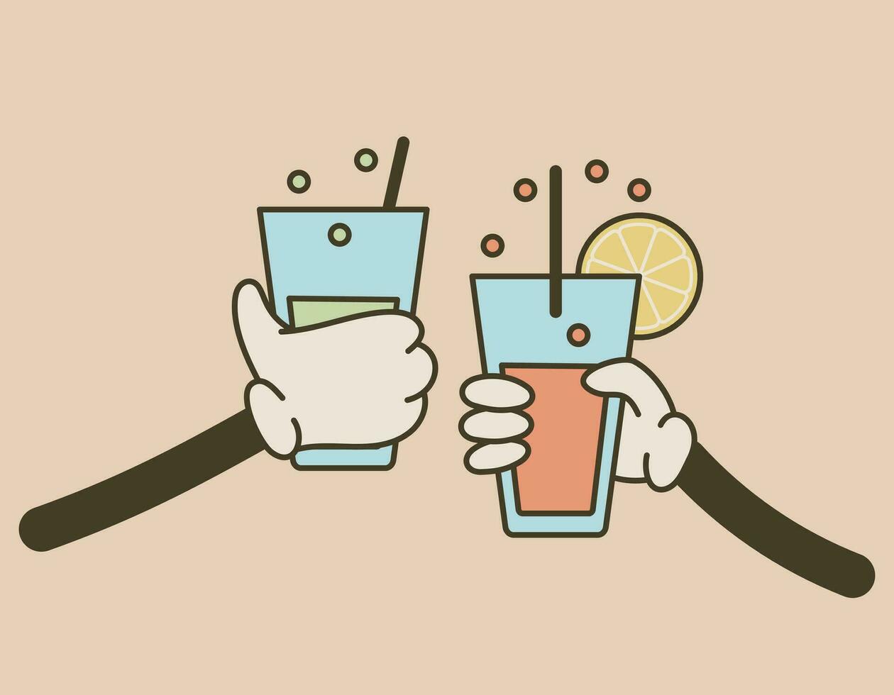 Two clinking hands with cocktails in old cartoon style. Vector isolated groovy retro illustration, glasses with alcoholic drinks.