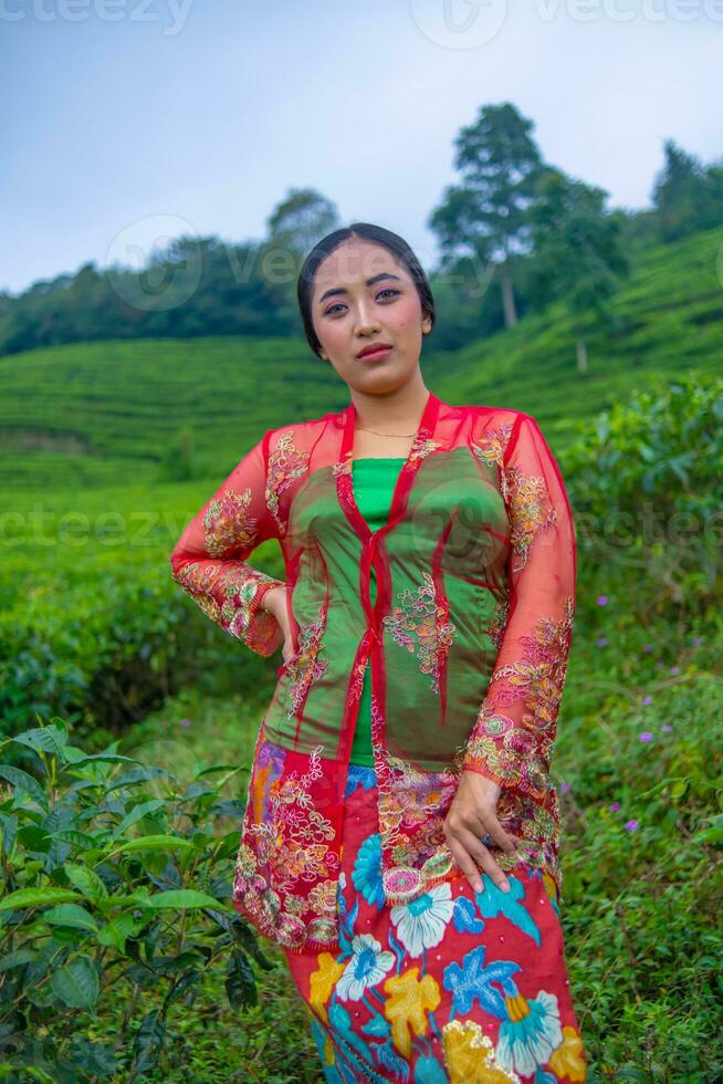 an Asian woman in a red dress is standing in front of a tea garden photo