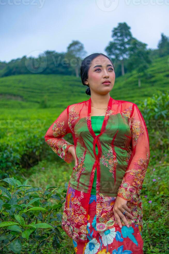 an Asian woman in a red dress is standing in front of a tea garden photo