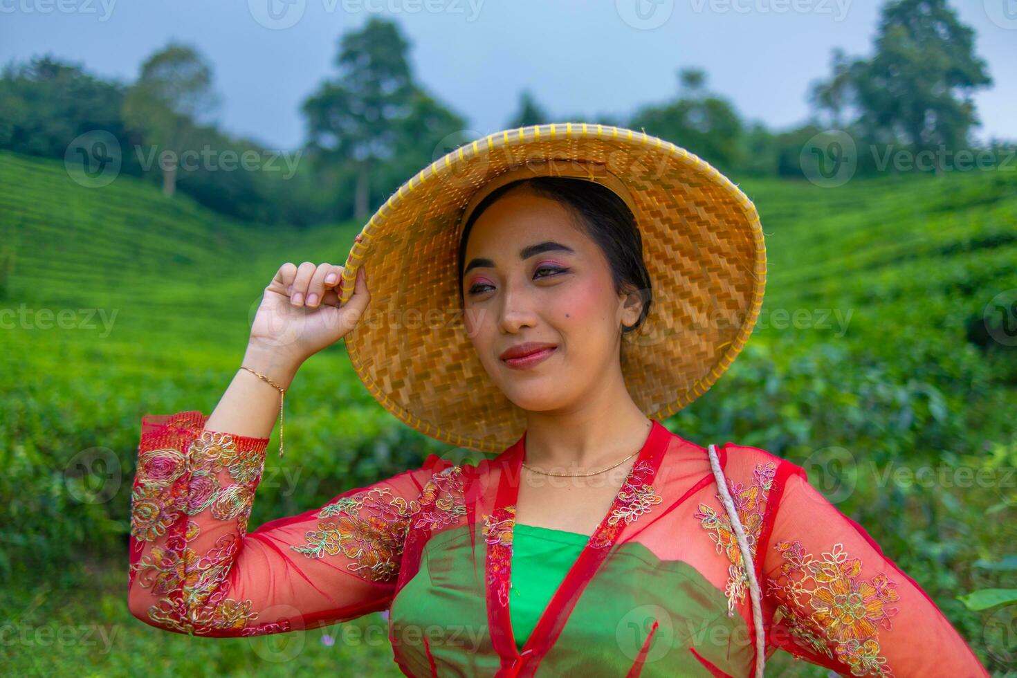 un té hoja granjero participación un bambú sombrero mientras trabajando en el té jardín foto