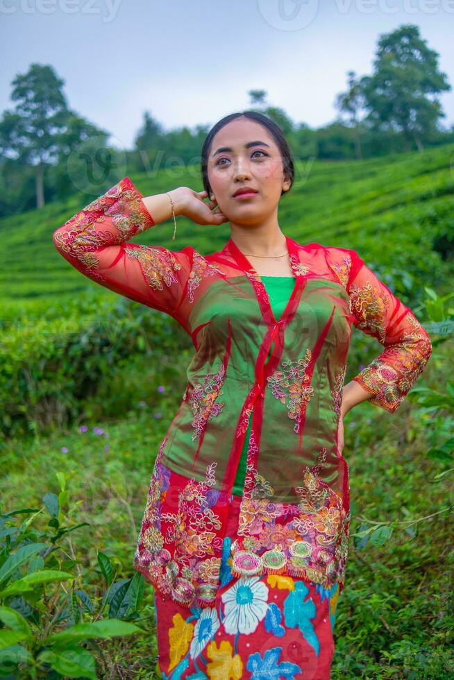 an Asian woman in a red dress is standing in front of a tea garden photo