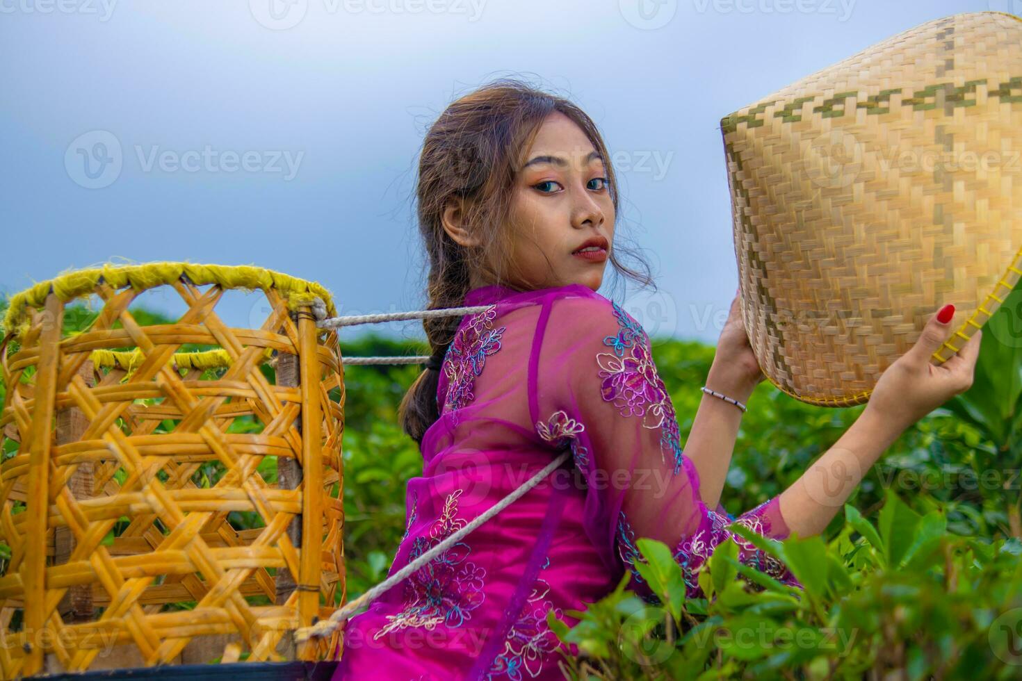 un vietnamita niña es en pie en el medio de un té jardín mientras que lleva un bambú cesta y participación un bambú sombrero foto