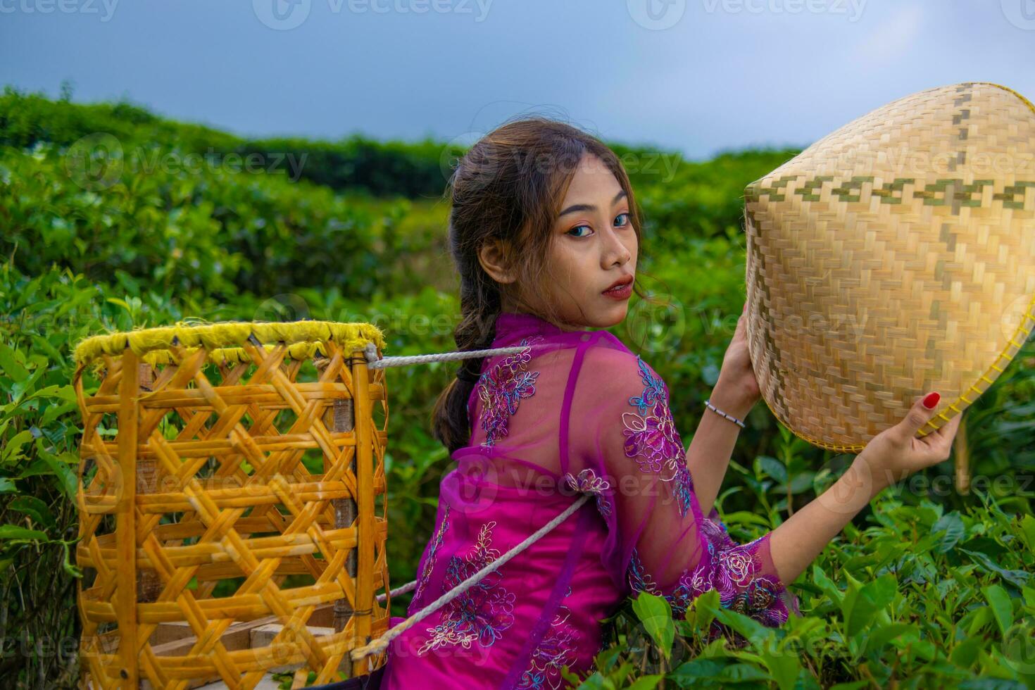 un vietnamita niña es en pie en el medio de un té jardín mientras que lleva un bambú cesta y participación un bambú sombrero foto