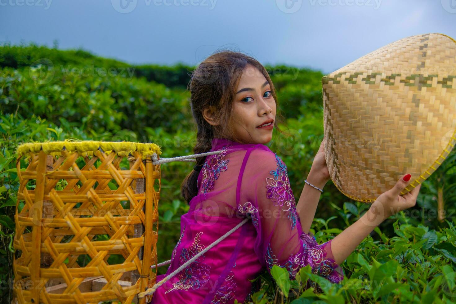 un vietnamita niña es en pie en el medio de un té jardín mientras que lleva un bambú cesta y participación un bambú sombrero foto