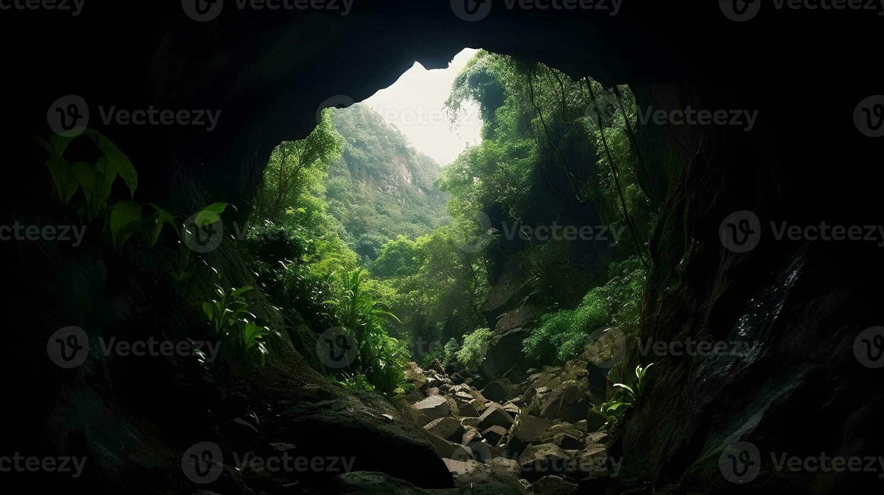 hermosa cueva Entrada desde dentro de el boca cueva con oscuro, pacífico alrededores y lozano verde paisaje afuera. ai generado foto