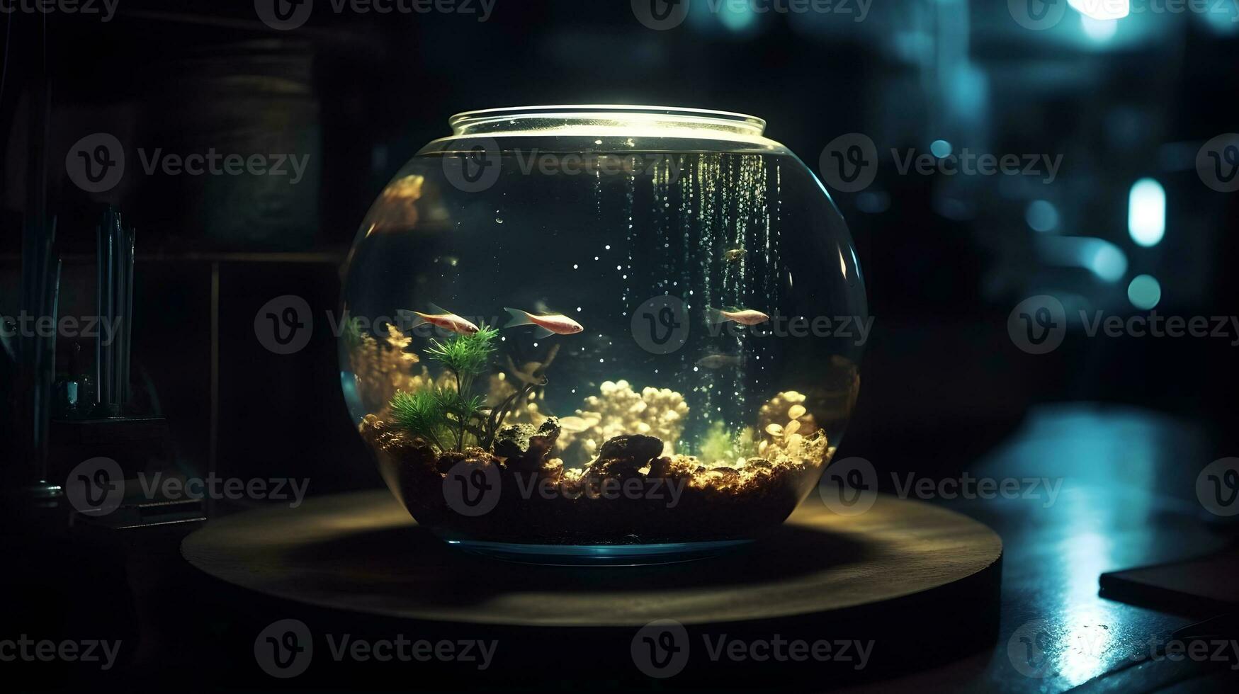 vibrante submarino ecosistema en un pequeño redondo pescado tanque acuario con vistoso piedra, acuario ornamento, pez, y artificial acuático plantas. ai generado foto