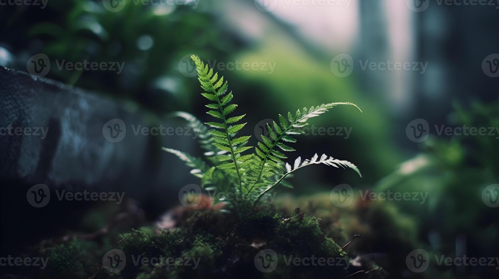 Wild green fern grow around the house backyard garden. photo
