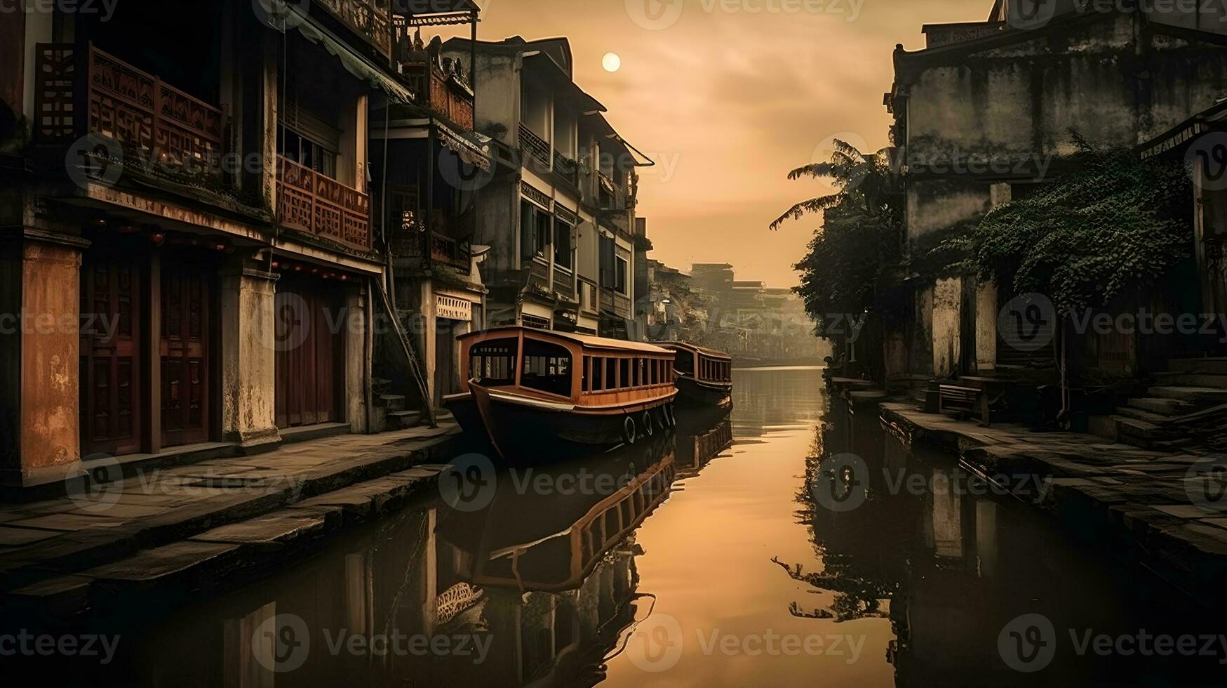 City skyline reflected on canal at bright night, with oriental asian architectural structures and nautical vessel. AI Generated photo