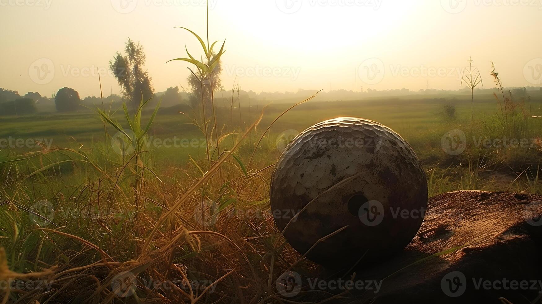 A golf ball on grass field in a golf ball stand ready to hit. AI Generated photo