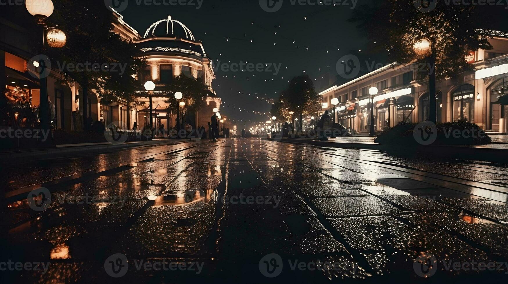 A dark night city wet street and road with a lot of night lamp and street lamp at the downtown. AI Generated photo