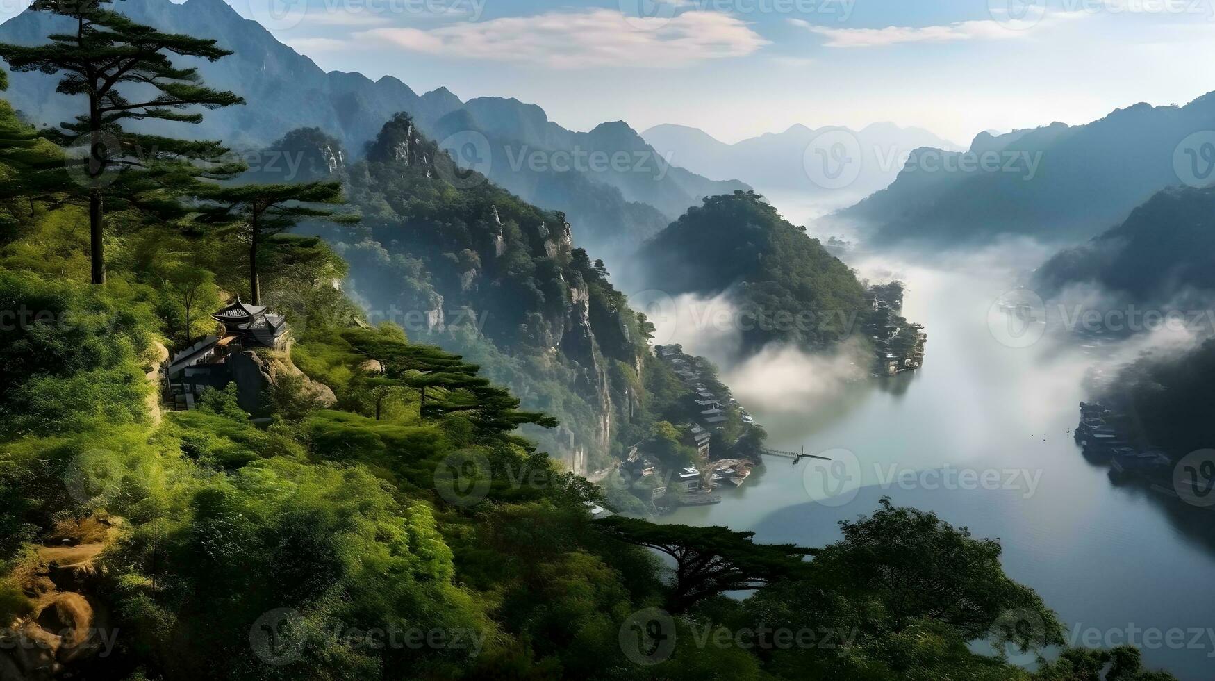 A temple at a mountain ranges of hills and valleys filled with green trees filled with mist, golden hour evening sunset. Top of the mountain view. AI Generated photo