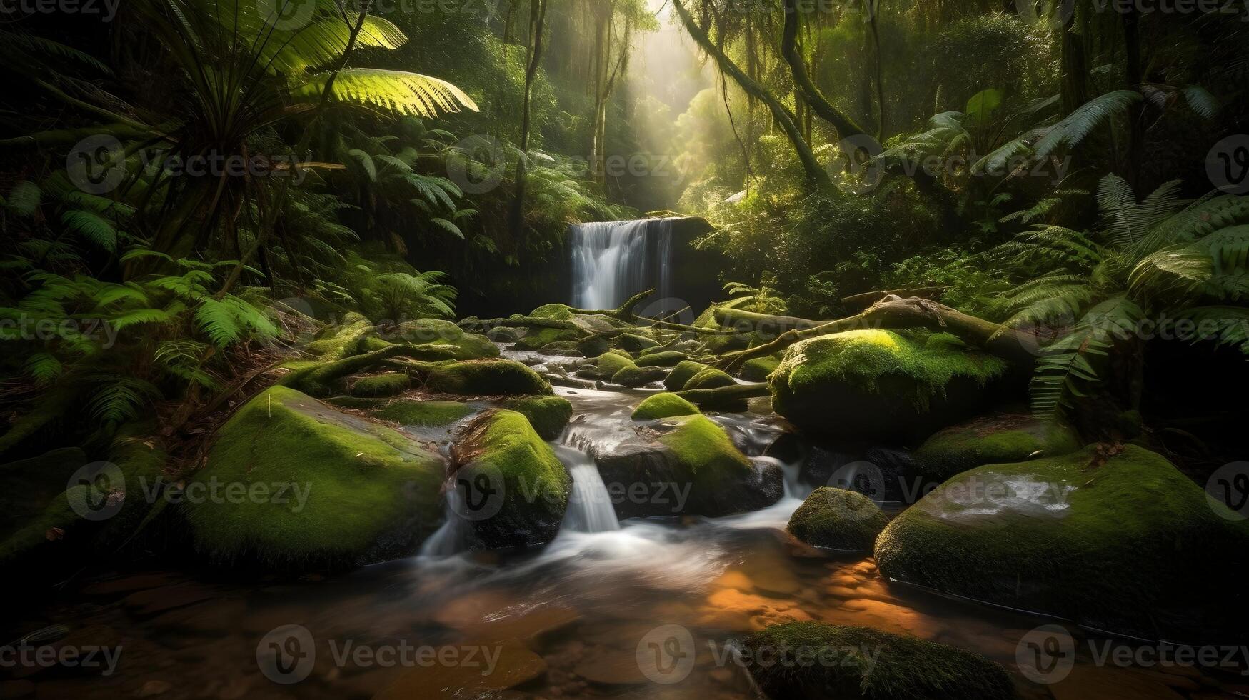 Landscape of beautiful misty waterfall hidden in the deep jungle and river flow shading between the tall tree at the nature. AI Generated photo