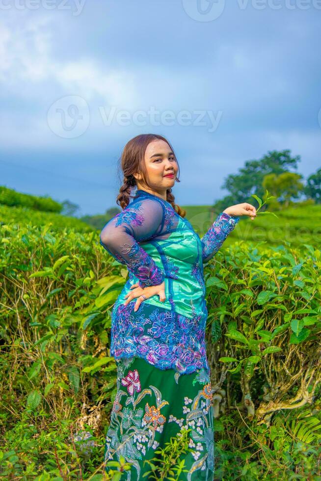 un hermosa asiático mujer es posando en su azul vestir en frente de un parque foto