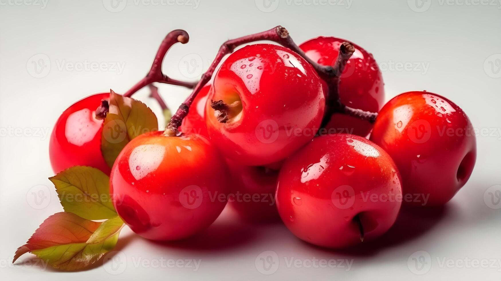 Macro shot close up perfect shiny group of red berries with some water drops isolated on white background. AI Generated photo