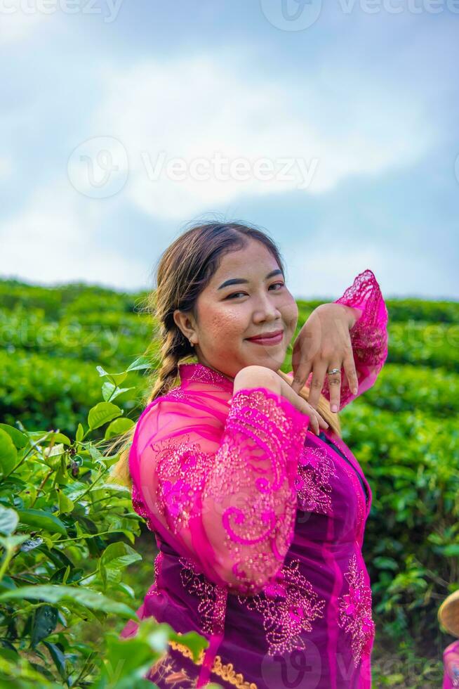 an Asian woman in a traditional pink costume is standing very elegantly in a tea plantation photo