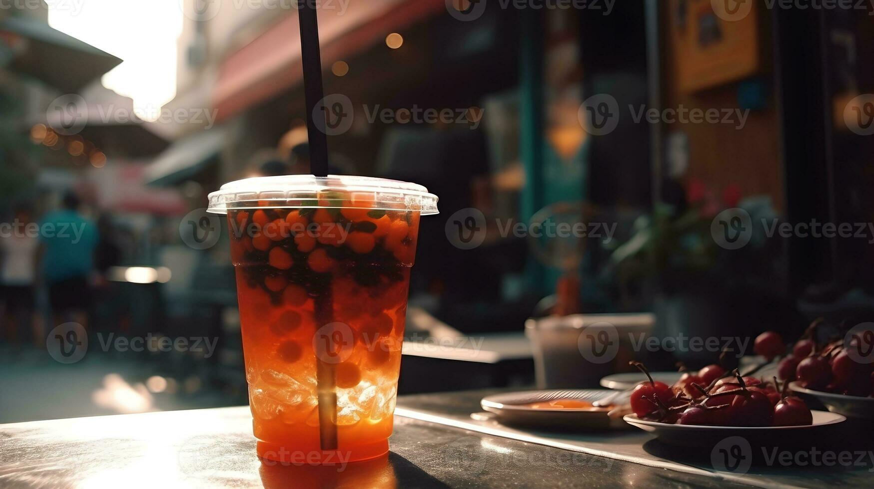 Juicy fruit boba drink at the restaurant market table blurry urban background. AI Generated photo