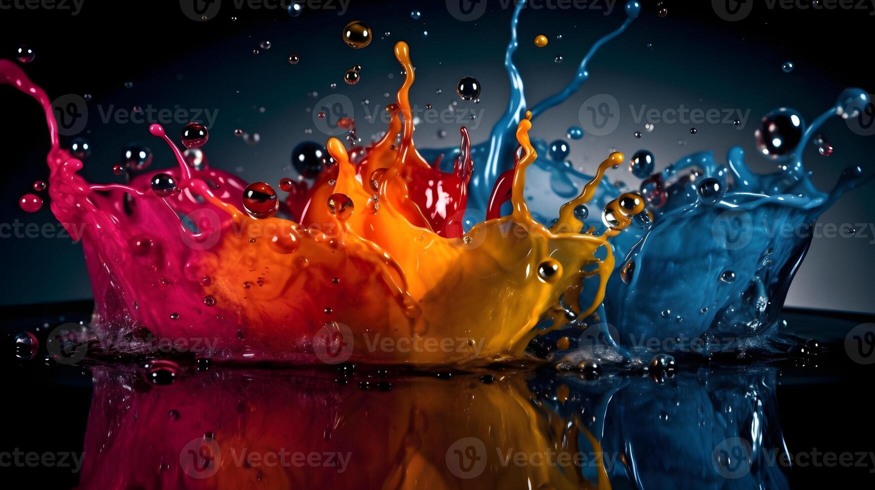 resumen líquido color explosión vistoso artístico amarillo azul púrpura rojo naranja salpicaduras salpicar soltar a suelo negro antecedentes reflexivo. ai generado foto