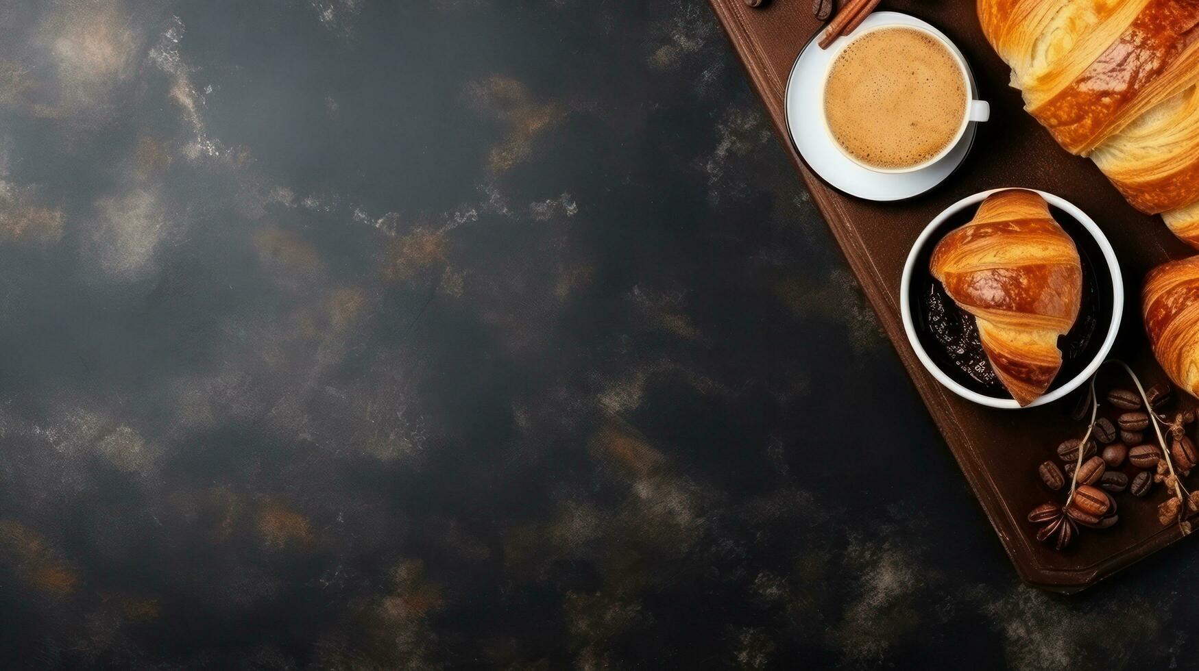 Breakfast with croissant on stone background photo