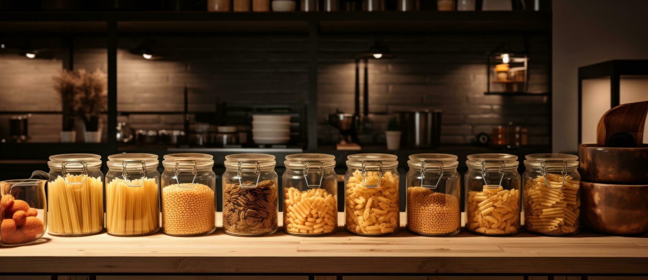 A collection of jars is shown with various pastas in them photo