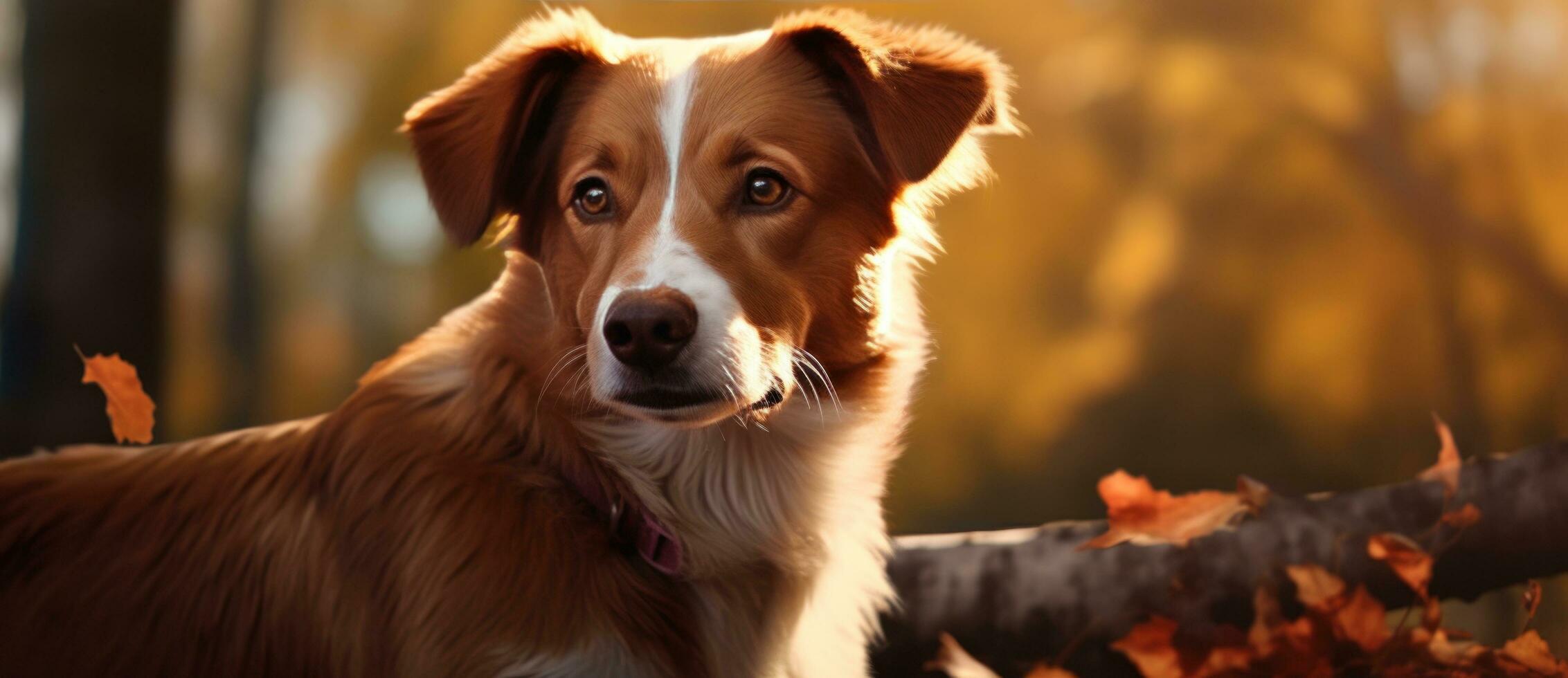 Dog in autumn leaves background photo