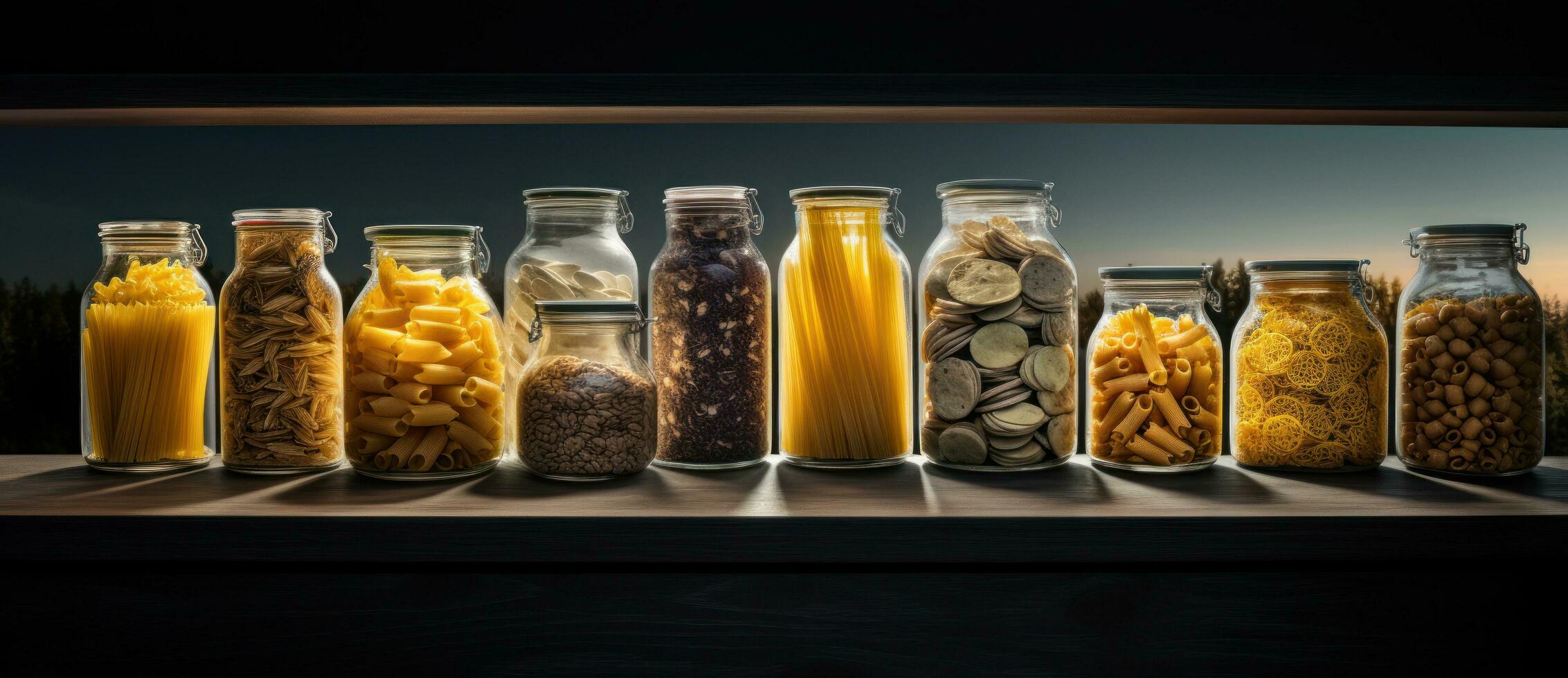 A collection of jars is shown with various pastas in them photo