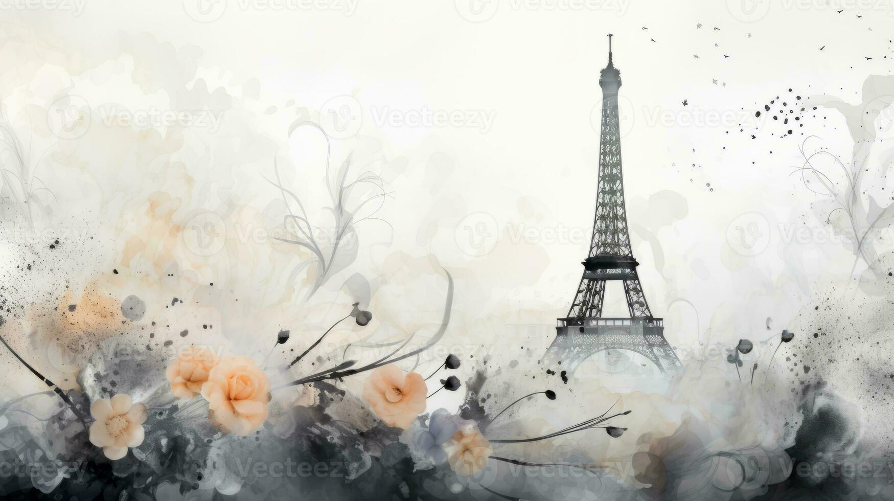 Watercolor thin black outline flowers in the foreground against a faded misty background of Paris photo