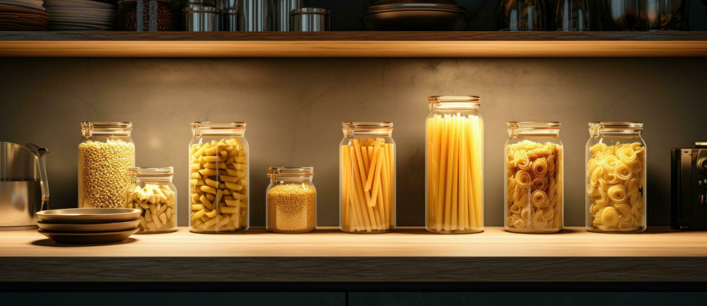 A collection of jars is shown with various pastas in them photo