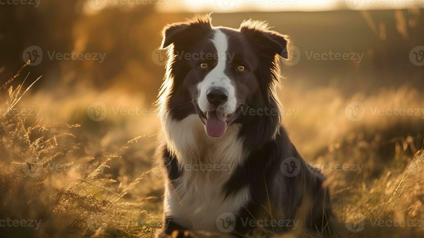 Cute black and white border Collie dog sit and looking at the camera in the meadow nature background. AI Generated photo