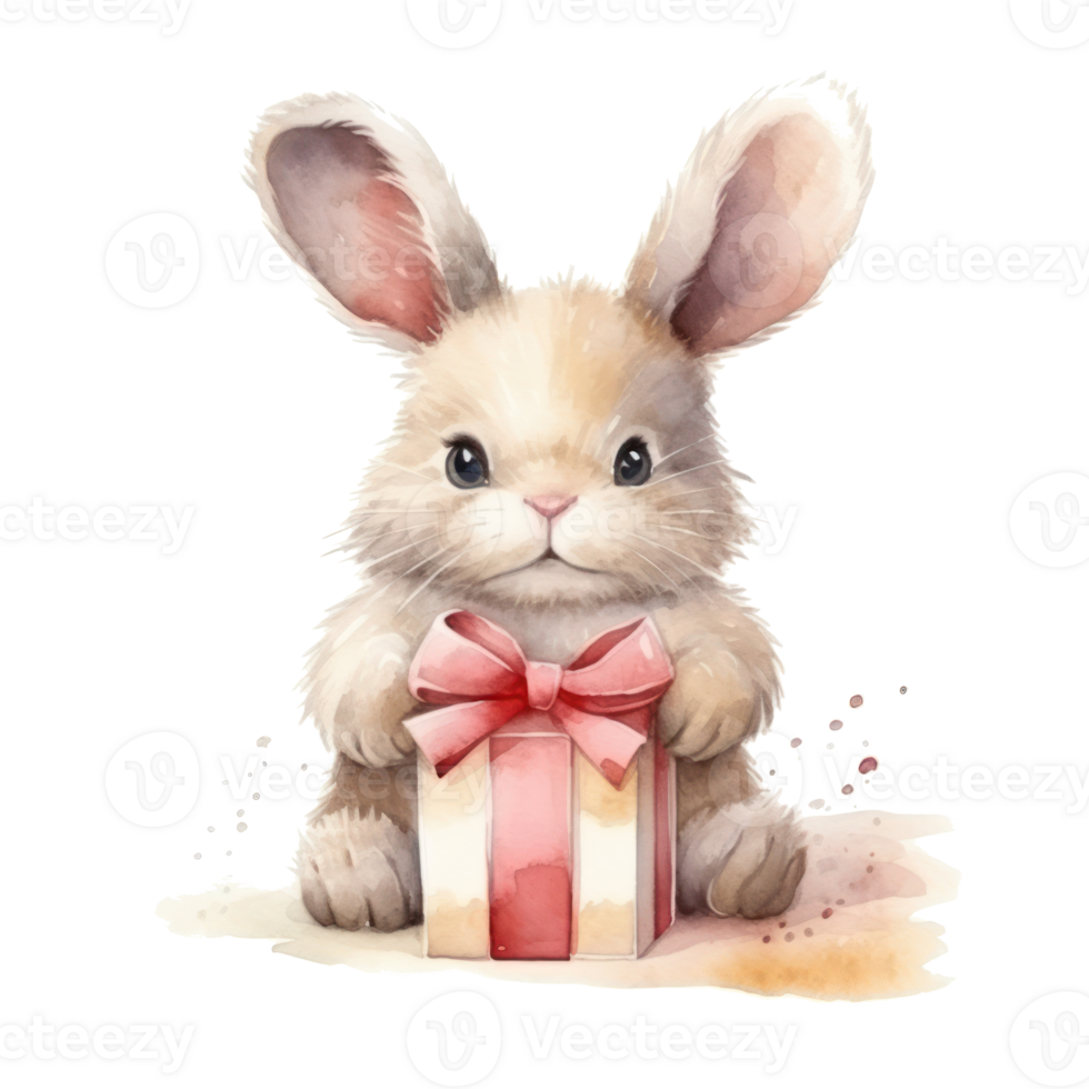Cute watercolor bunny with gift box png