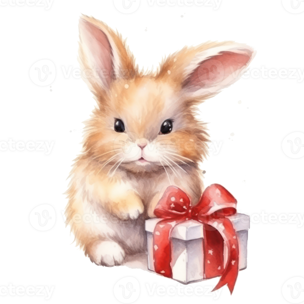 Cute watercolor bunny with gift box png