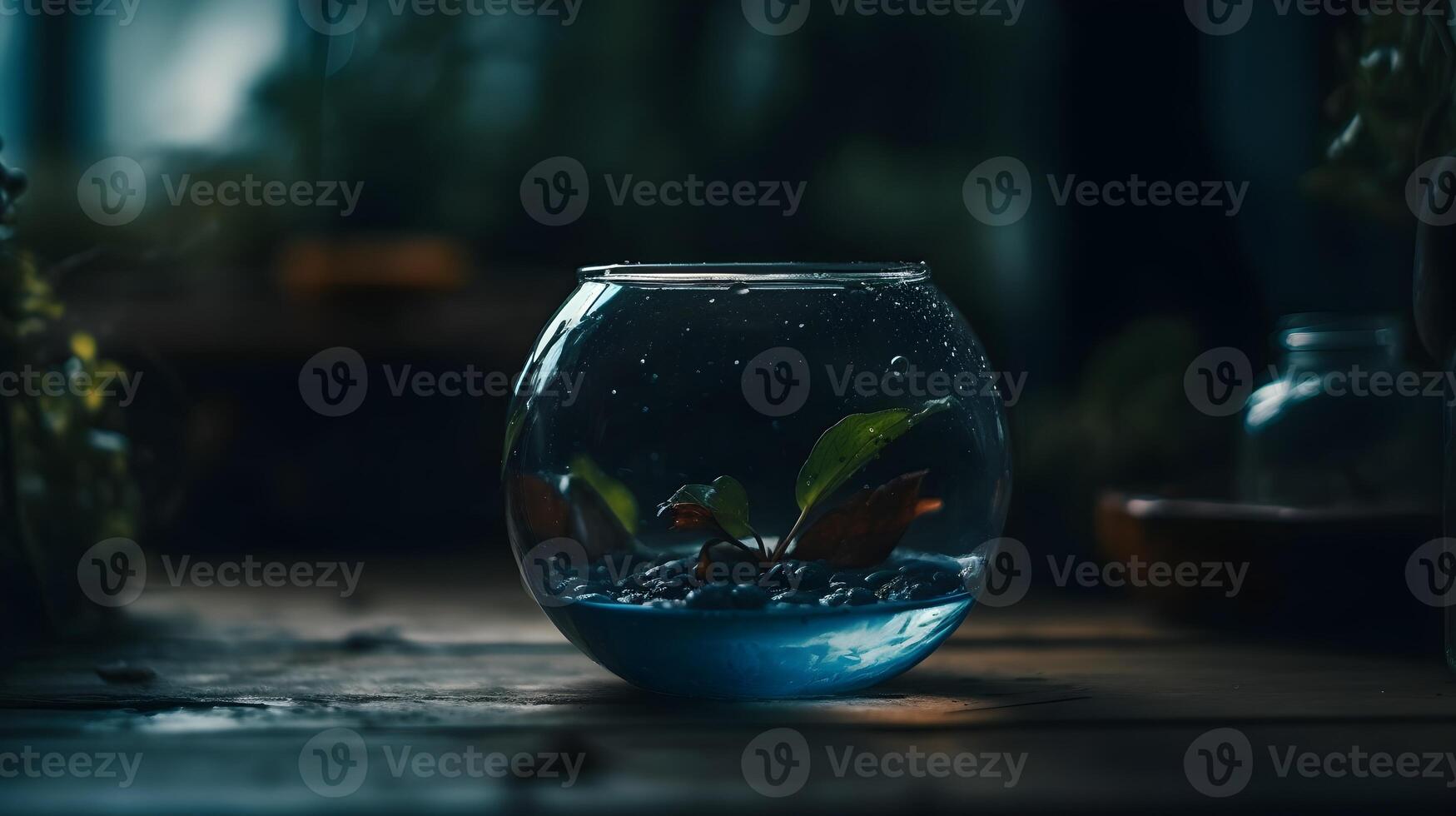 A plant in a small terrarium round aquarium glass. AI Generated photo