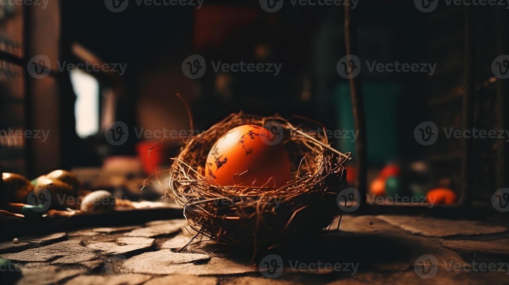 An orange egg in a bird nest indoor as easter concept. AI Generated photo