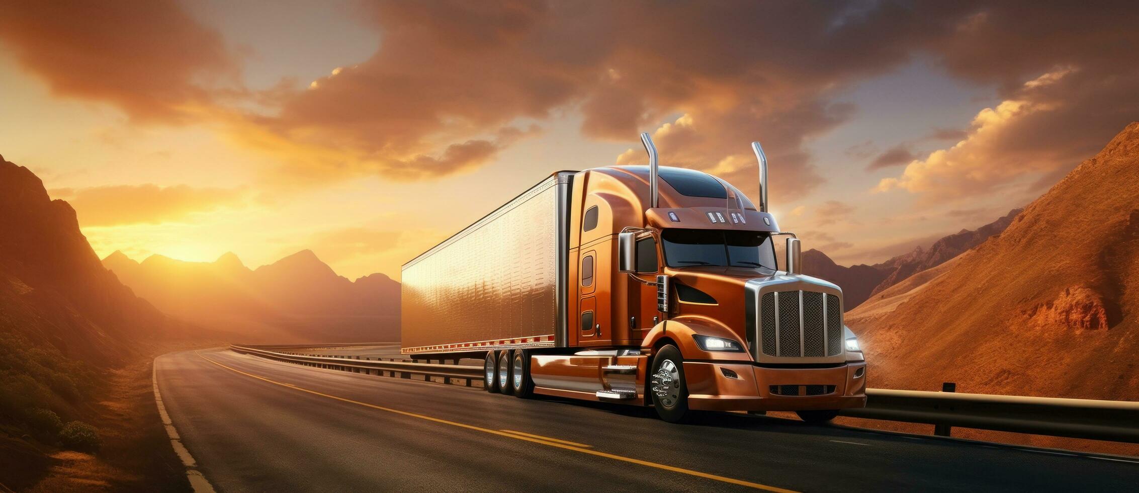 An orange semi truck driving across the road in late evening by sunset photo