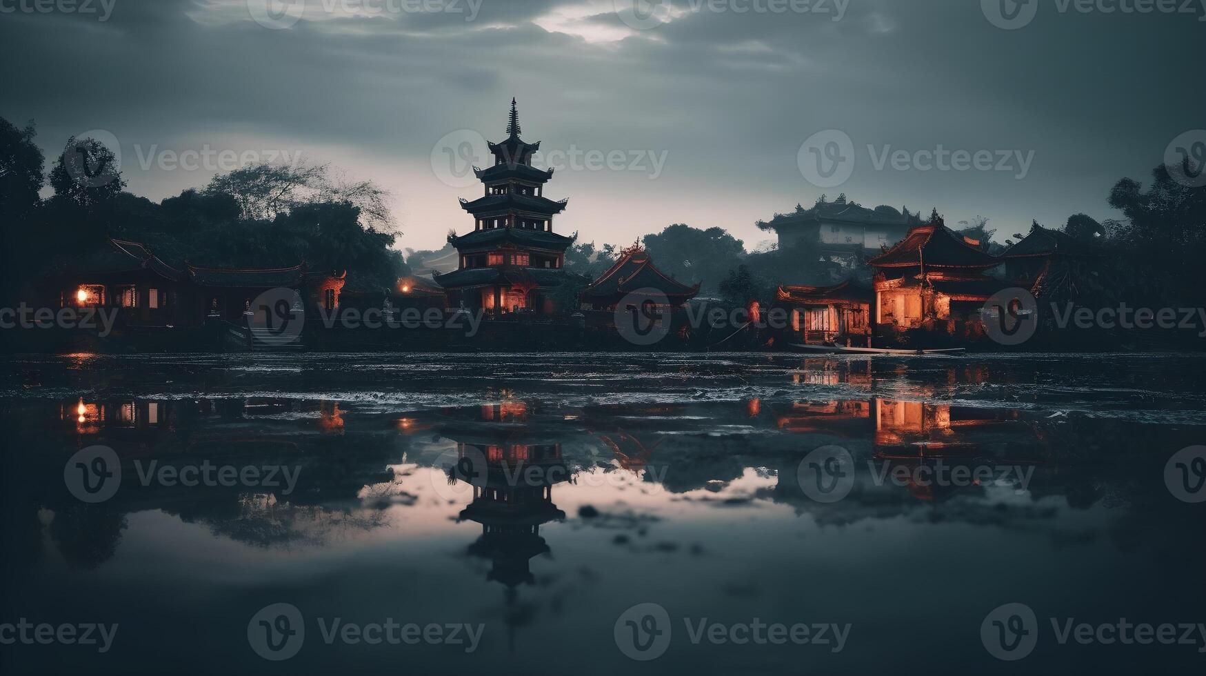 Temple architecture, cityscape, reflection, sunset, serene lake, religious silhouette. A captivating travel destination. AI Generated photo