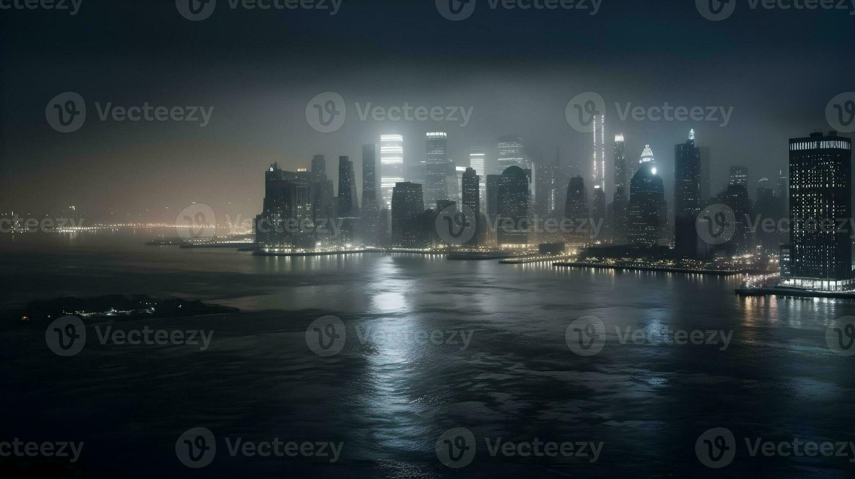Captivating misty metropolis skyline with illuminated skyscrapers reflected on water at night. AI Generated photo