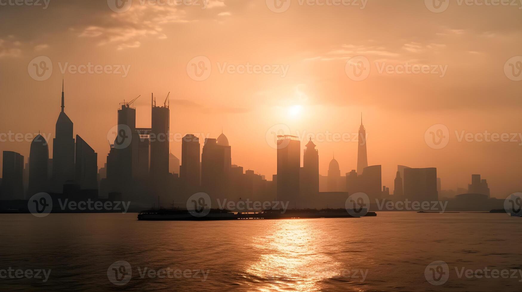 Vibrant city skyline with reflective water and stunning architecture at sunset. Impressive urban skyline with skyscrapers, office buildings, and stunning sunset reflections on water. photo
