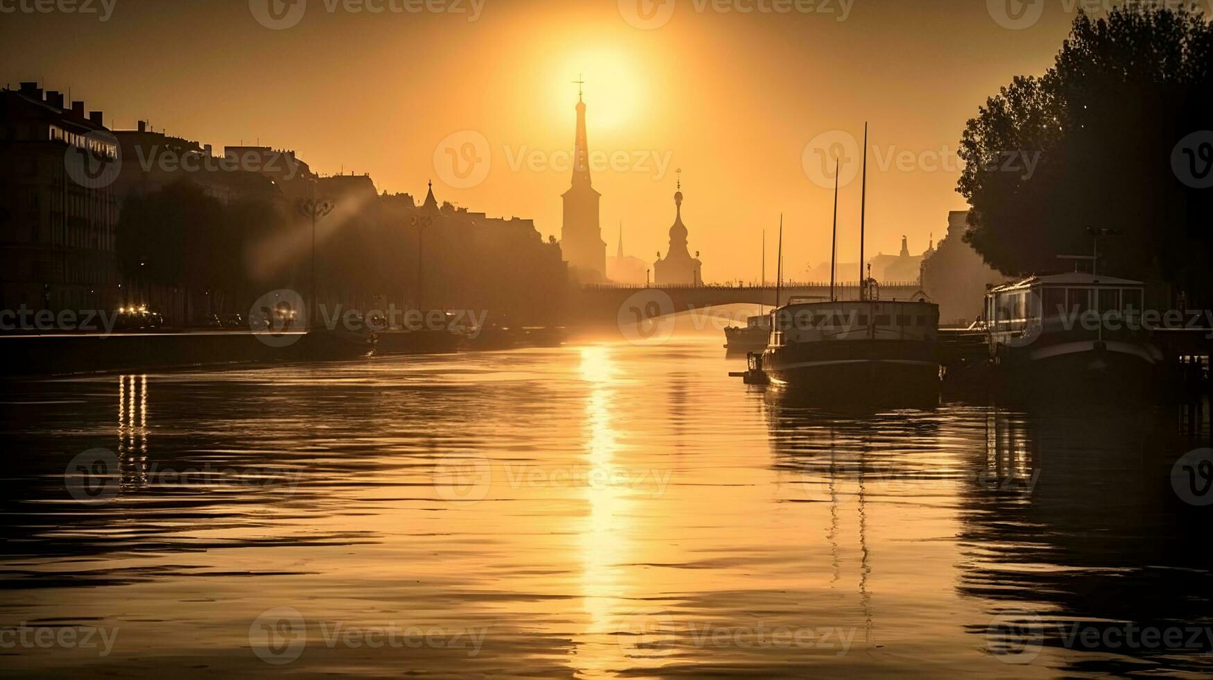 ciudad horizonte a amanecer refleja en calma aguas con barcos en ciudad ríos y urbano arquitectura. ai generado foto