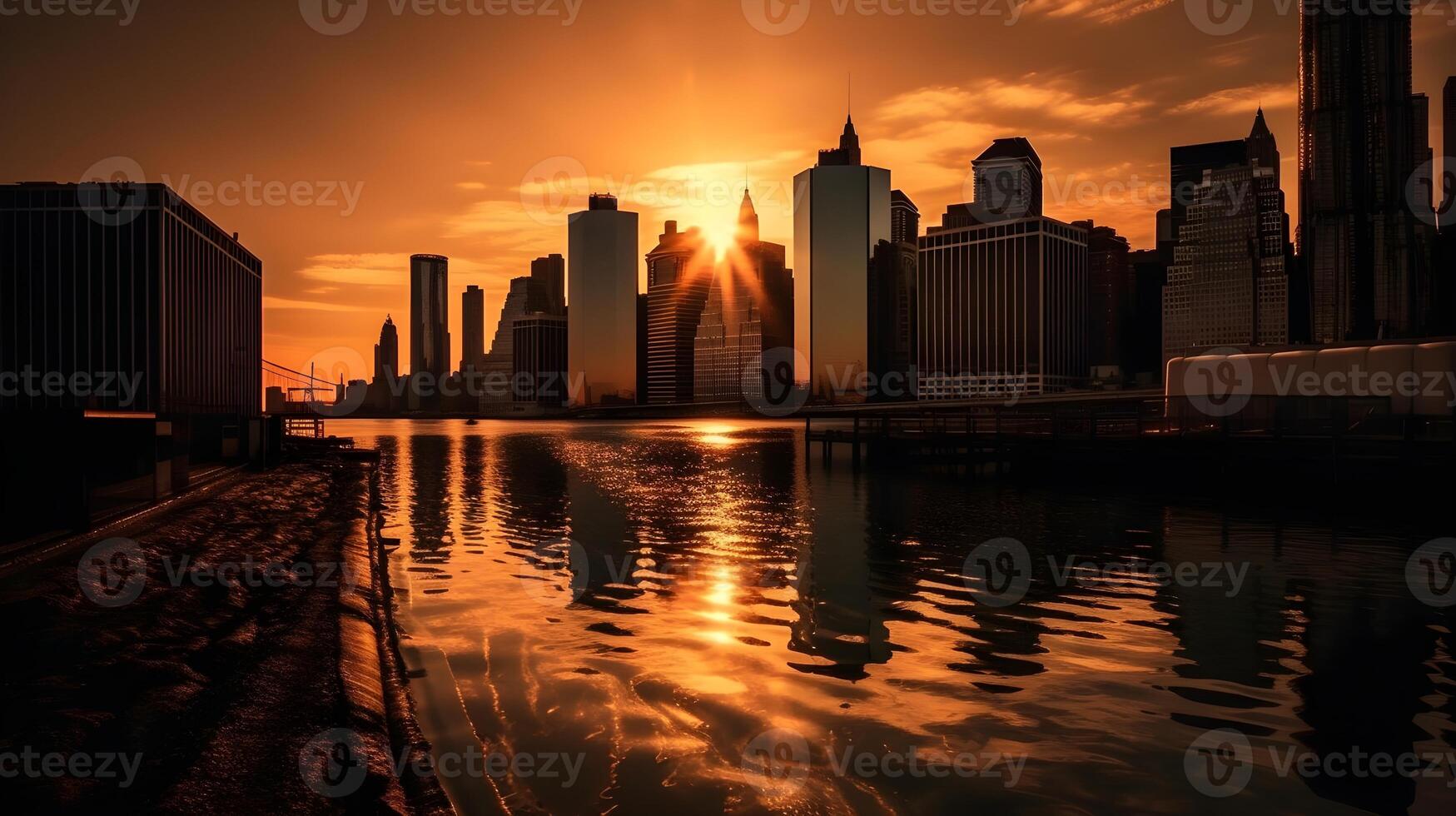 paisaje urbano a oscuridad urbano horizonte reflejado en agua. ai generado foto