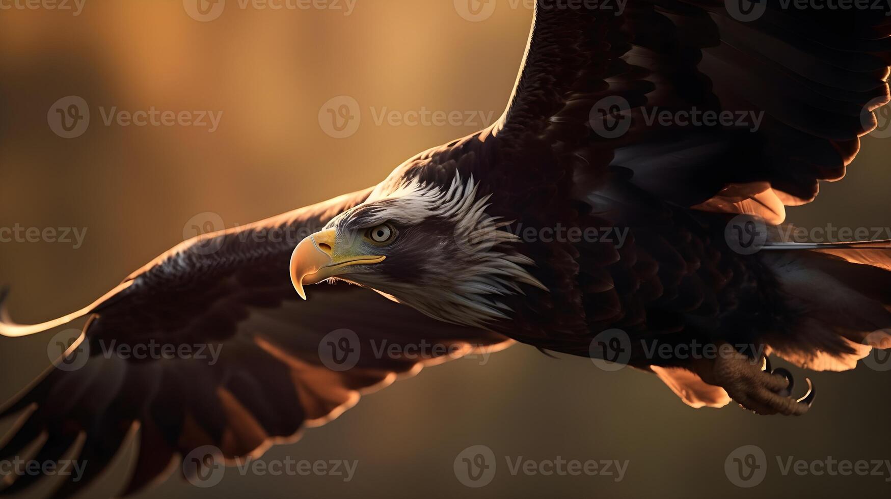 Close up shot of Bald Eagle Haliaeetus Leucocephalus white head flying catching a prey. photo